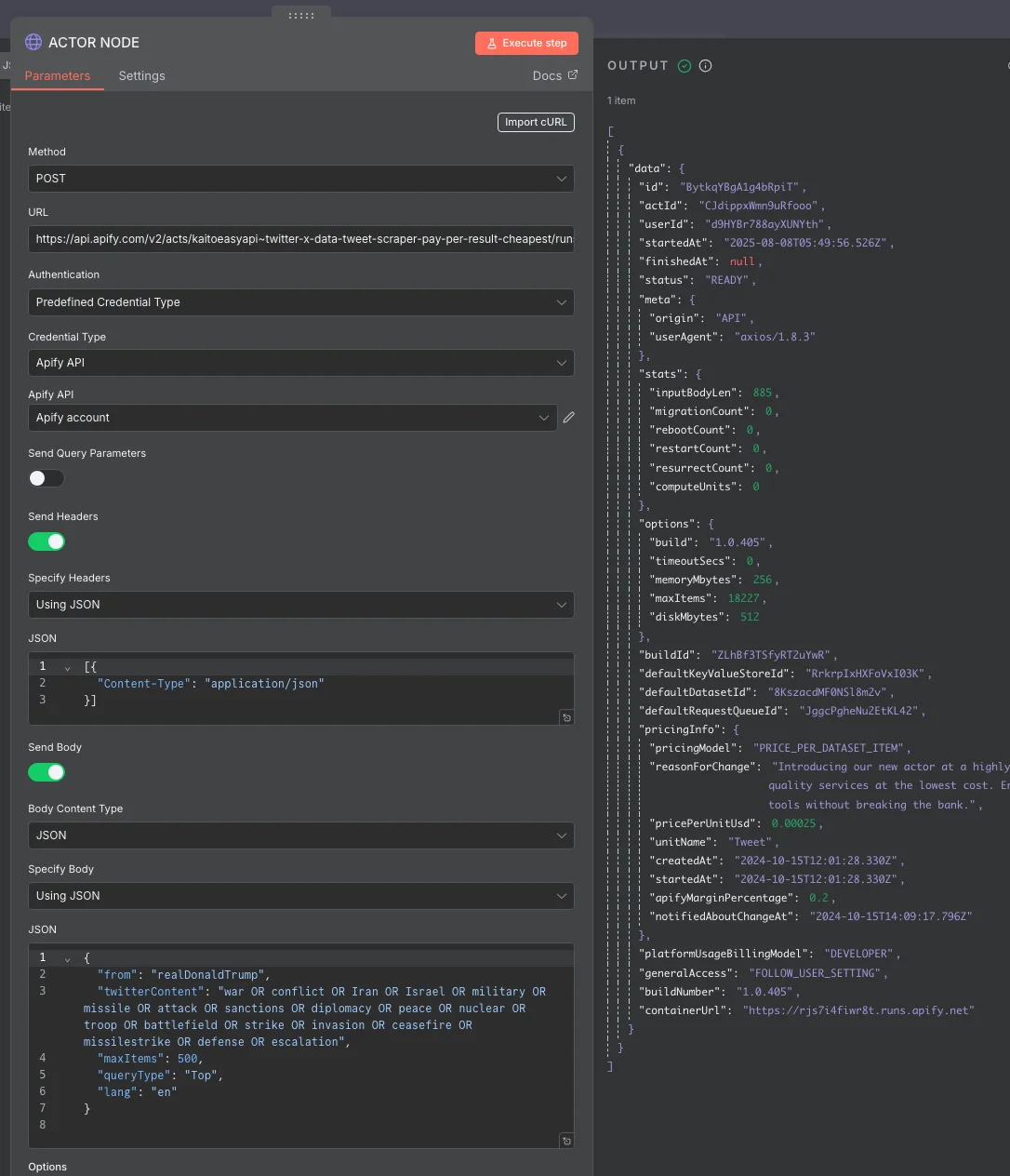 Apify Actor HTTP node configuration in n8n