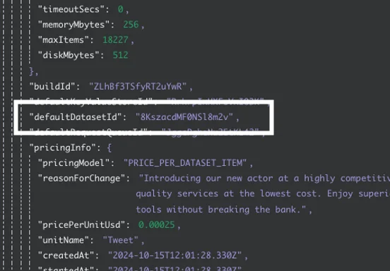 Apify response showing datasetId highlighted