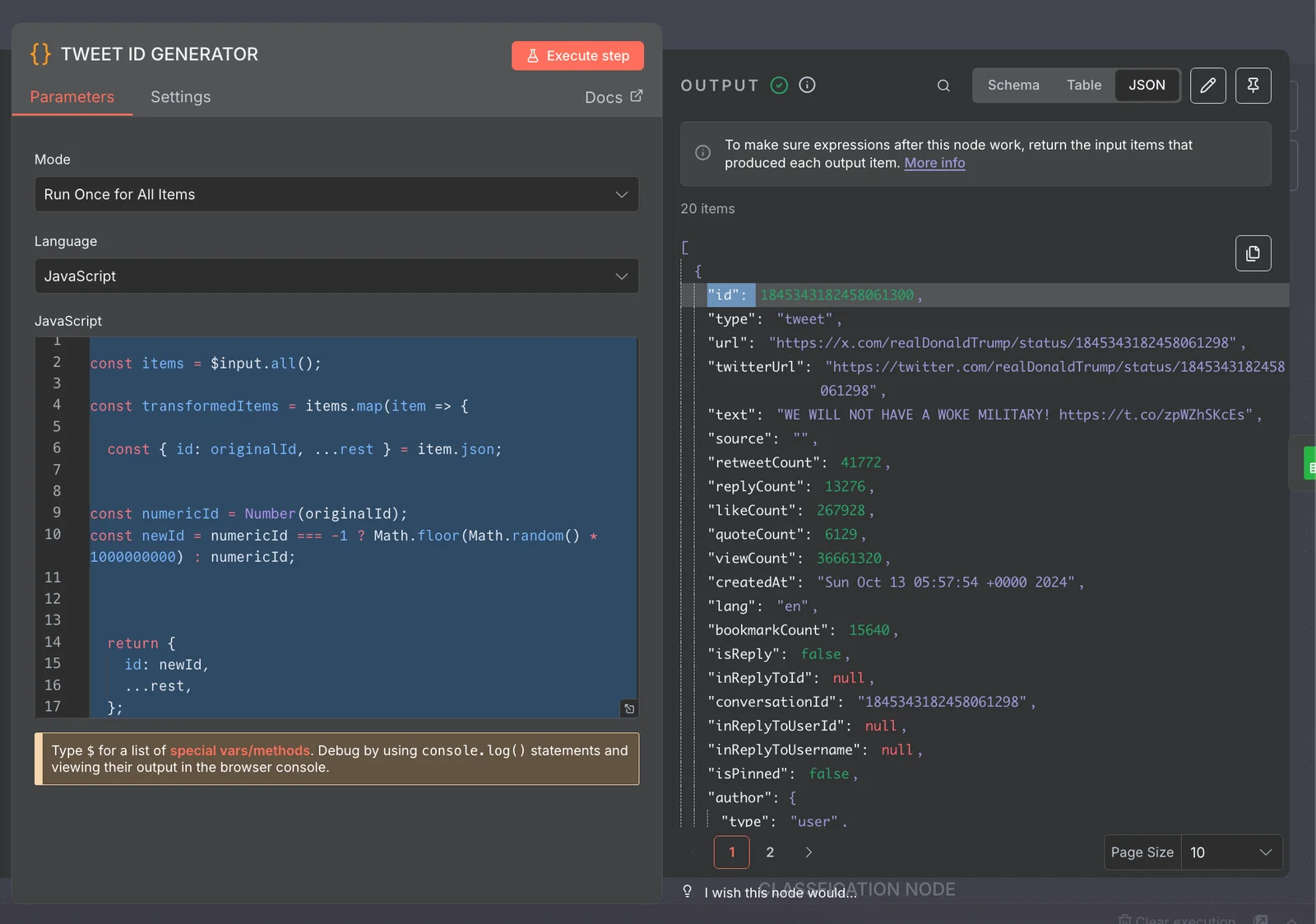 Code node assigning unique IDs to tweets
