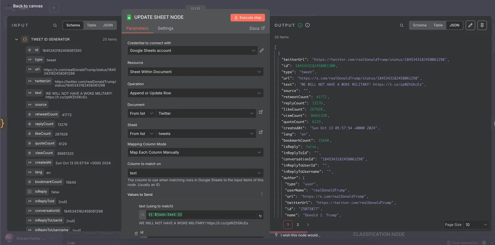 Google Sheets node configuration in n8n