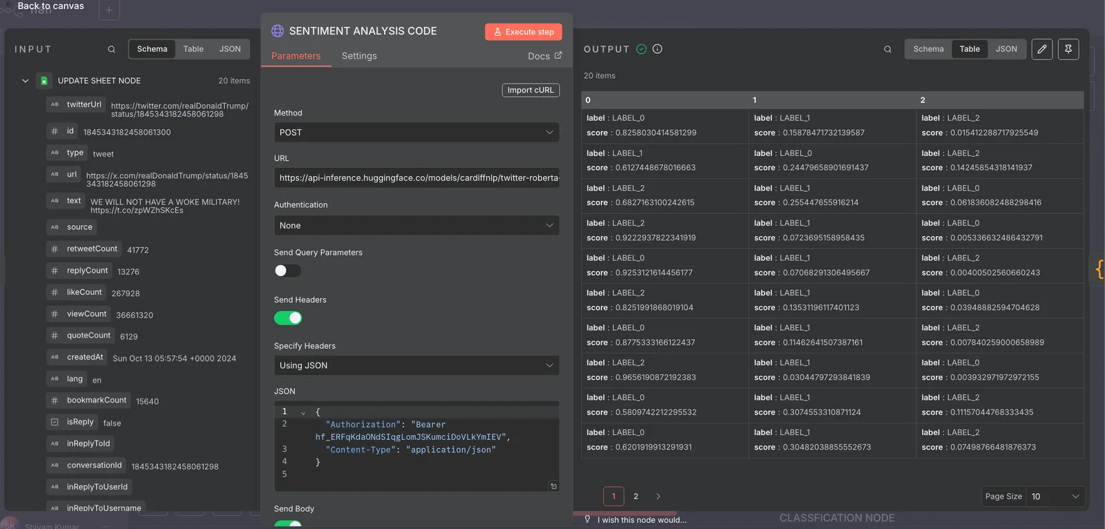 Hugging Face sentiment analysis HTTP node in n8n