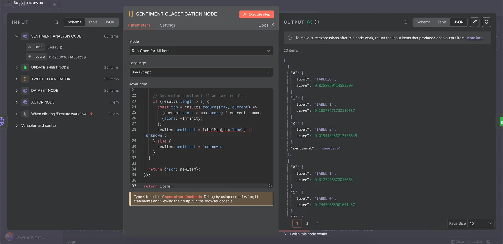 Code node mapping Hugging Face labels to sentiment