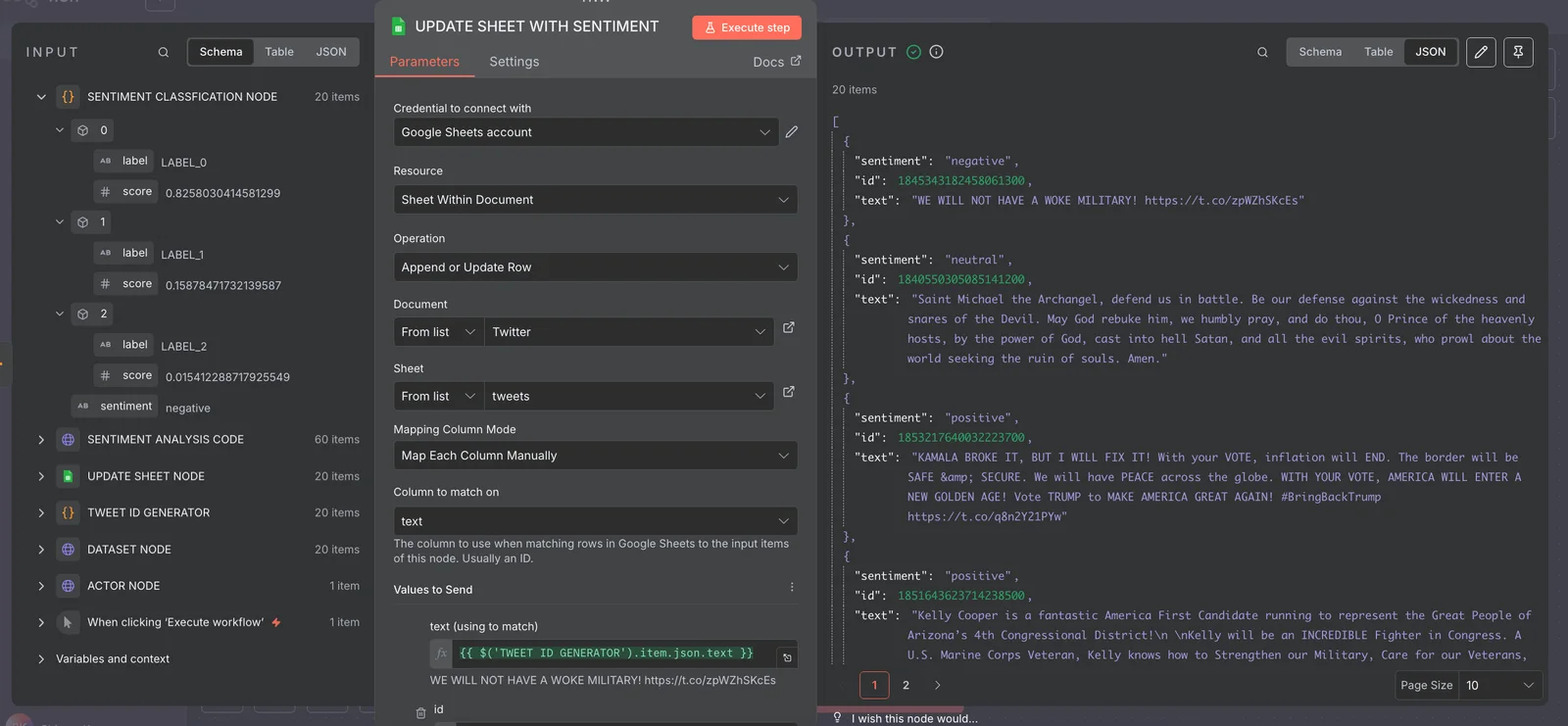 Google Sheets node updating rows with sentiment values