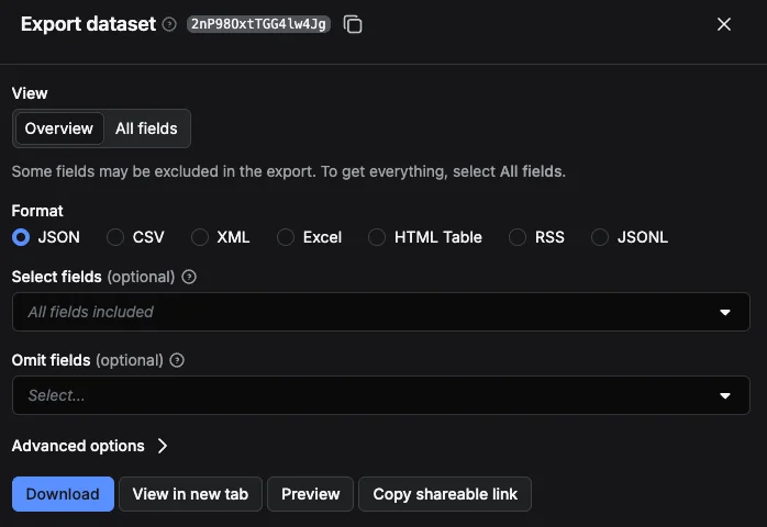 Export data in JSON, CSV and other formats