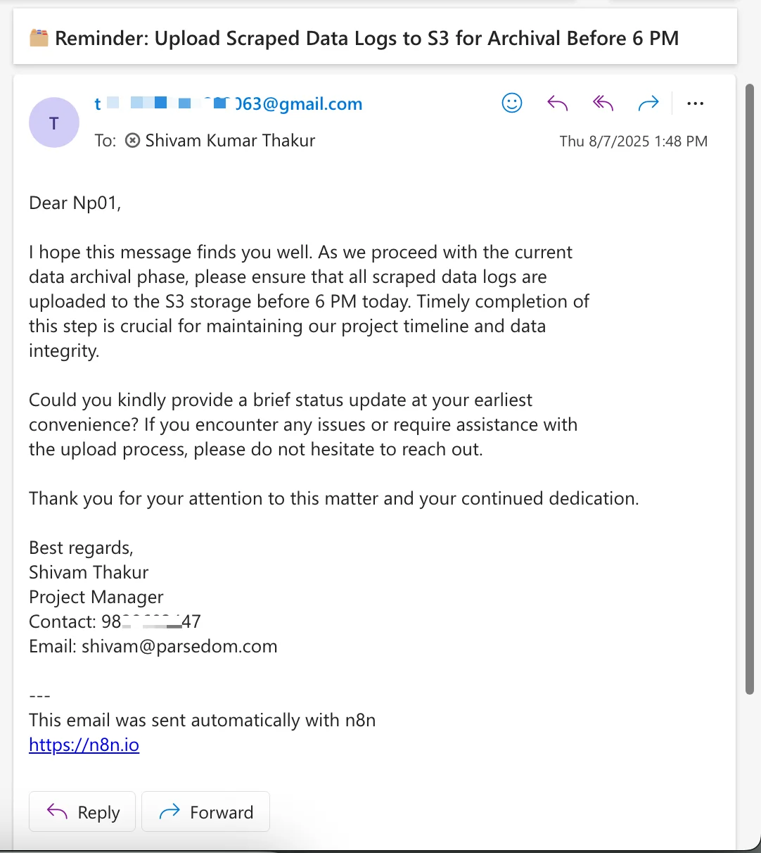Gmail screenshot confirming the automated email was delivered