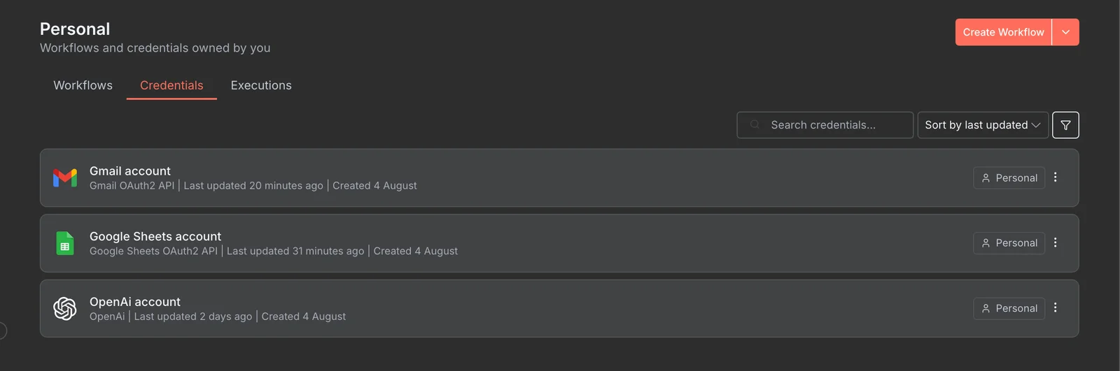 n8n credentials section with Google OAuth2 and OpenAI configured