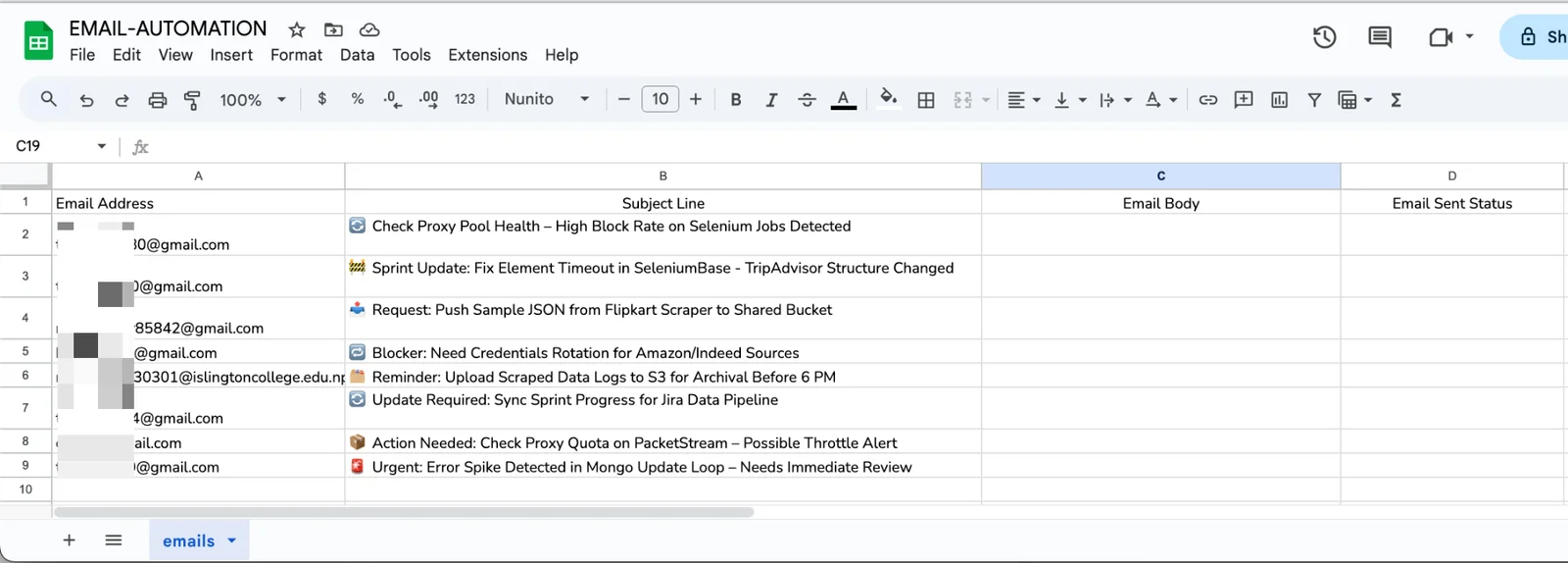 Google Sheet with email addresses and subject lines