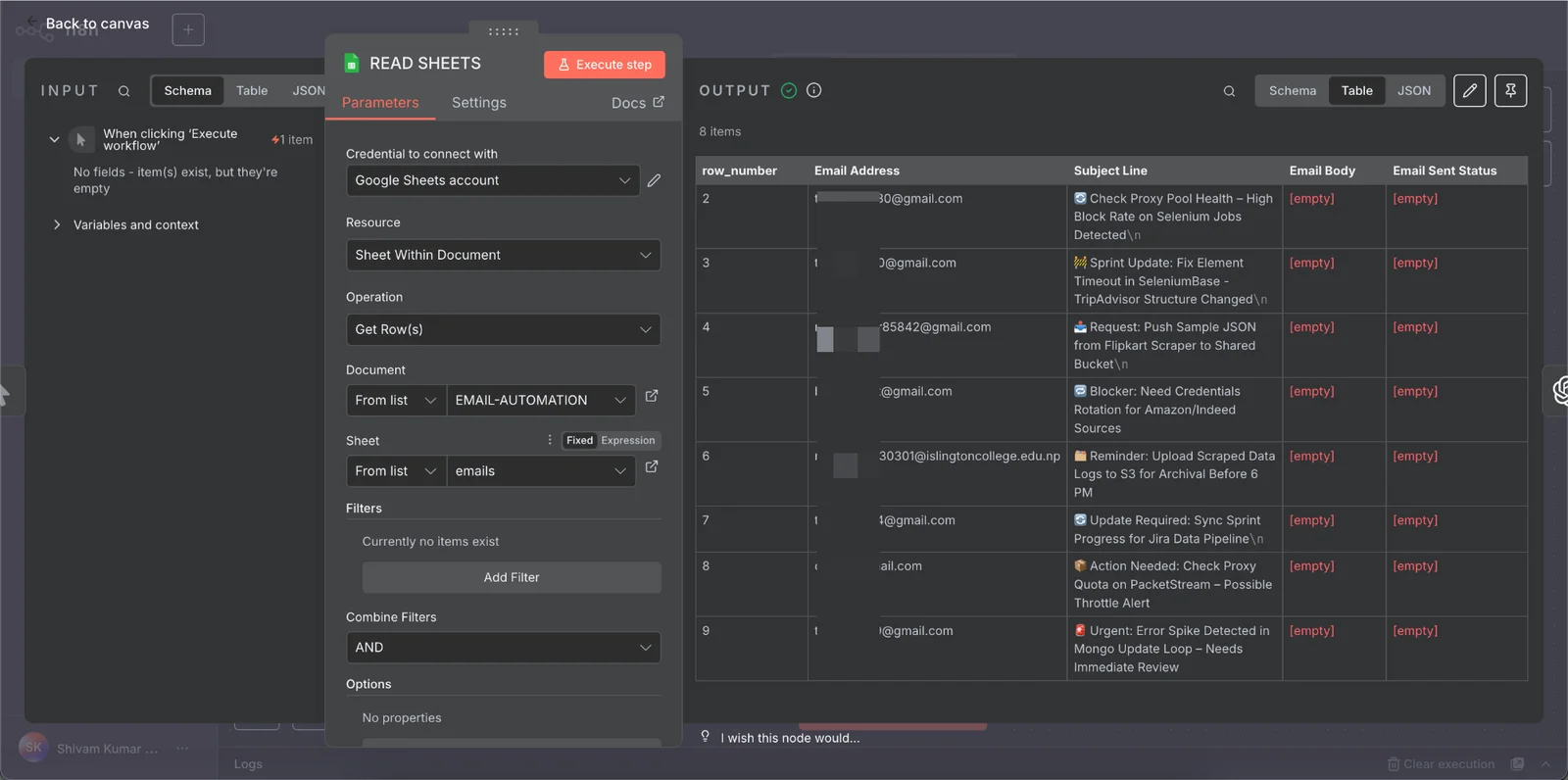 Google Sheets node configuration in n8n