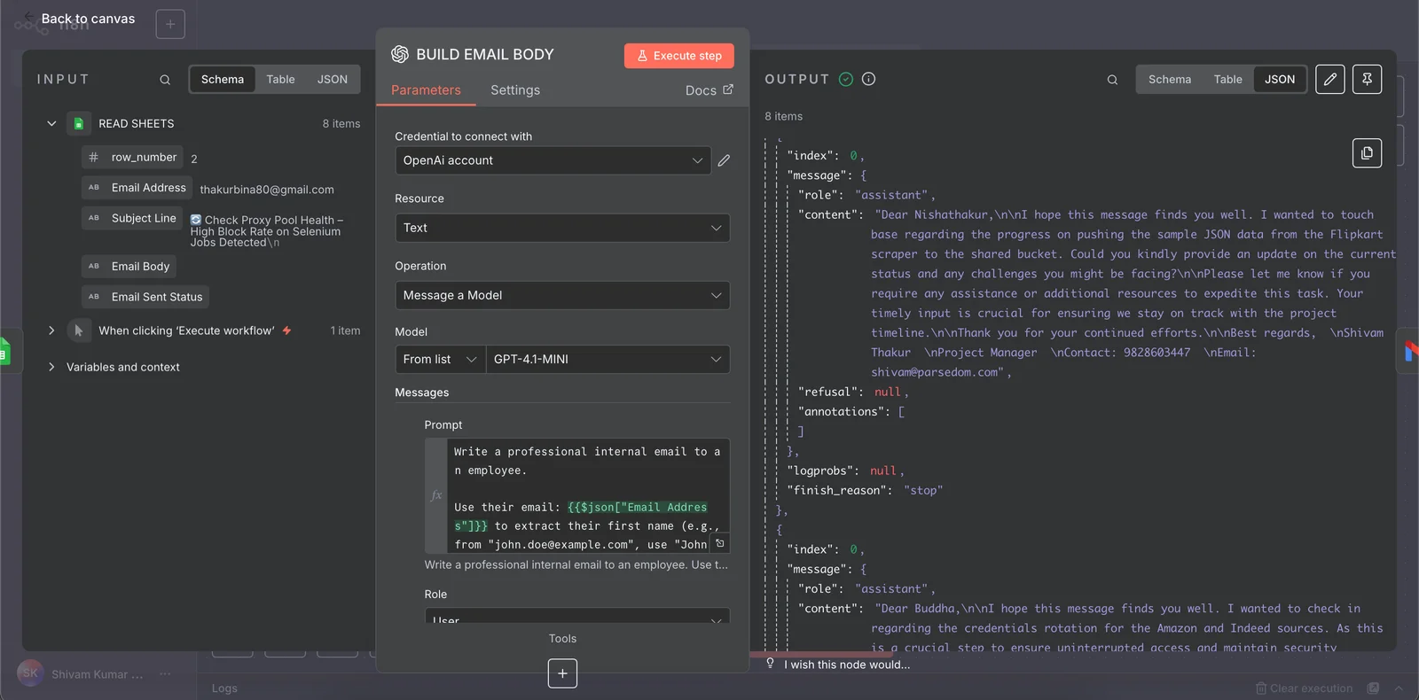 OpenAI node generating the email reply