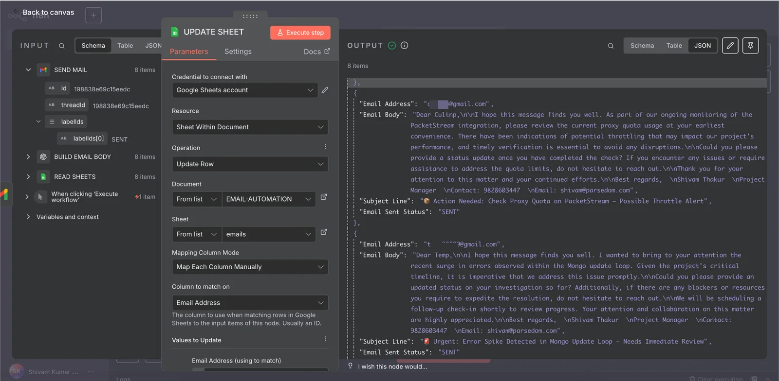 Google Sheets node updating the sheet with sent status
