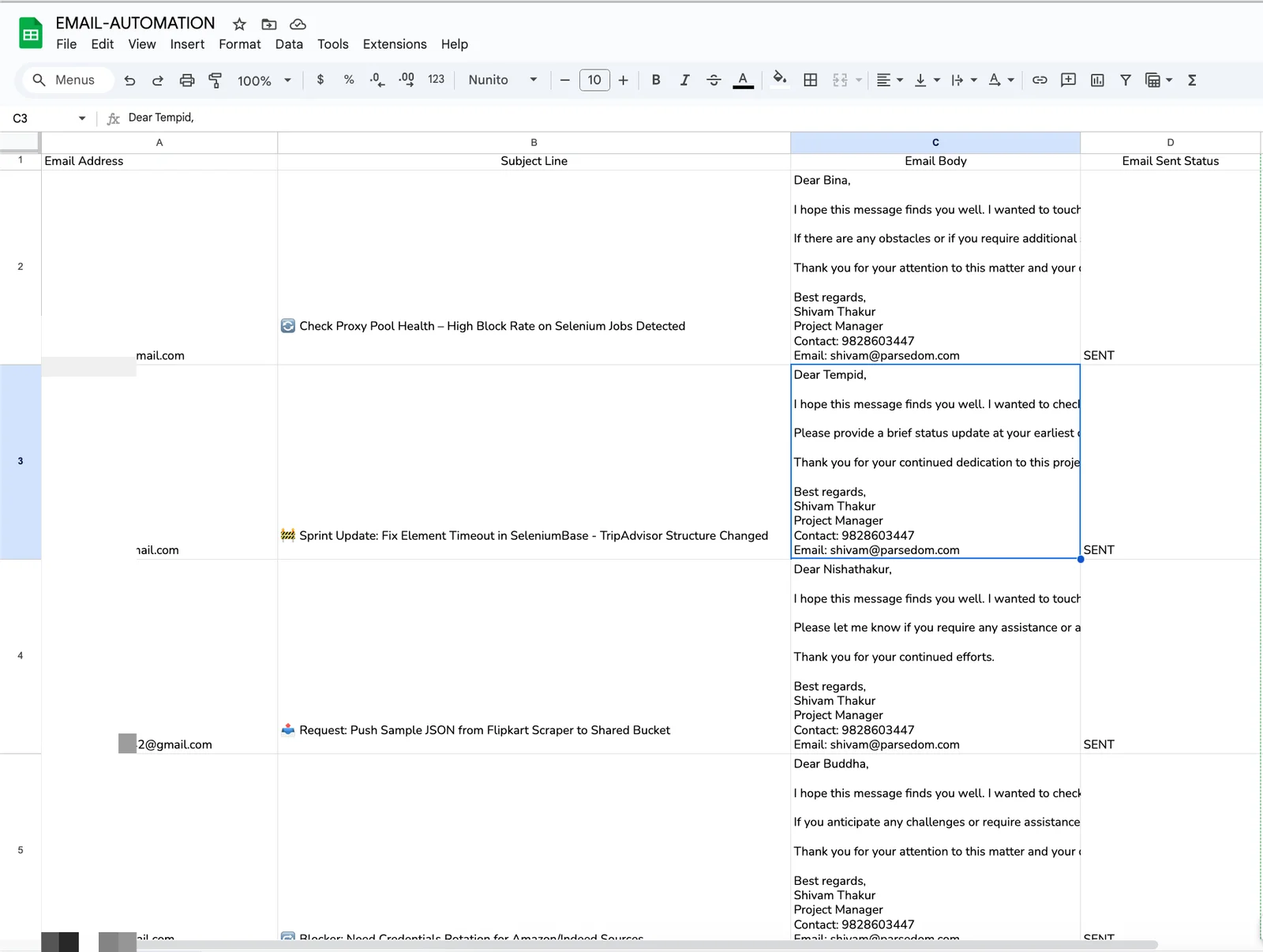 Final spreadsheet output with replies and sent status