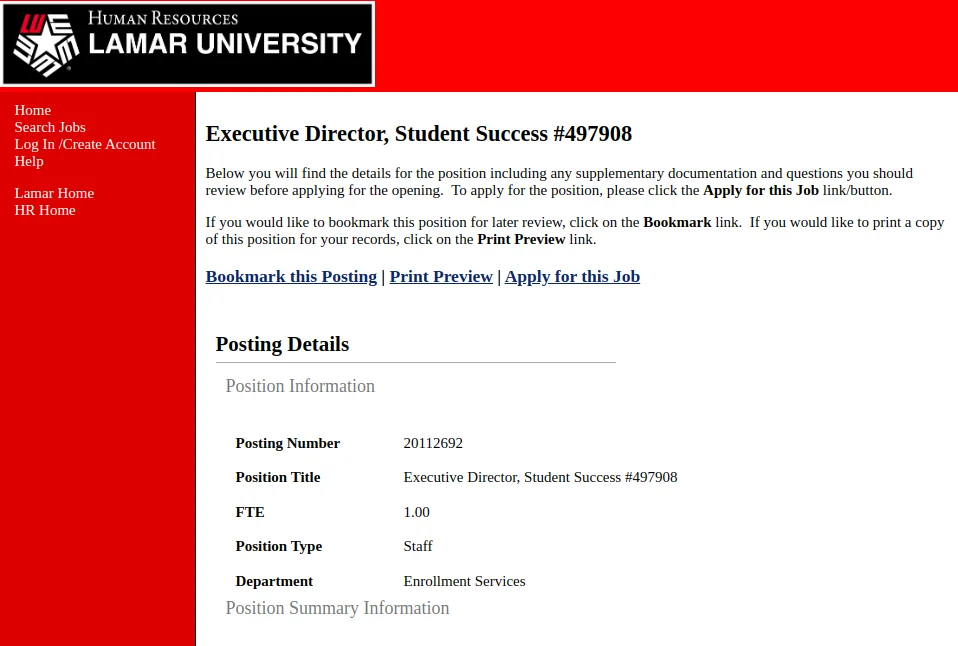 Job postings page on jobs.lamar.edu