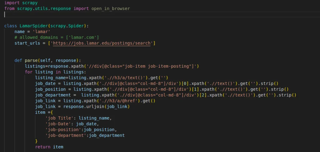 Scrapy spider example code for scraping job listings