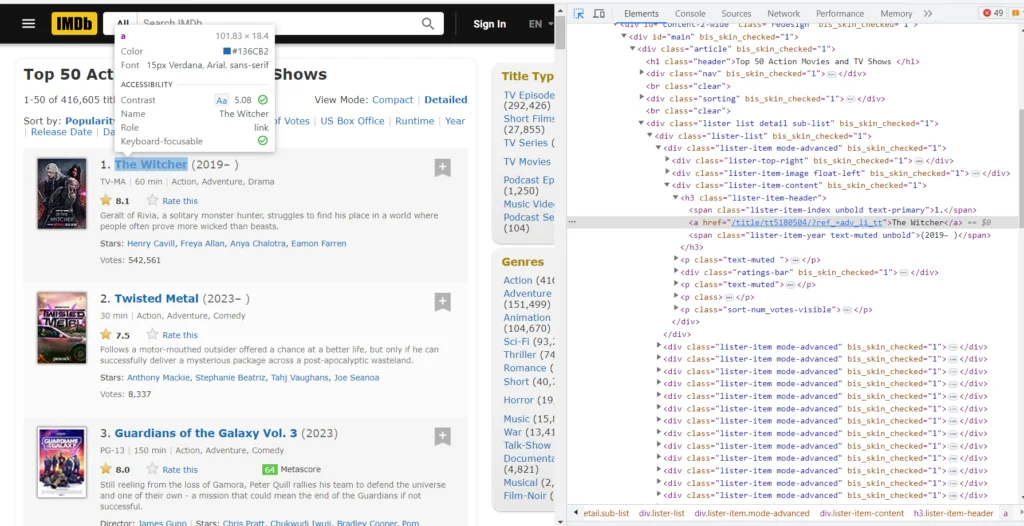 HTML element highlighted for movie title