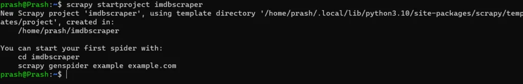 Scrapy startproject terminal output