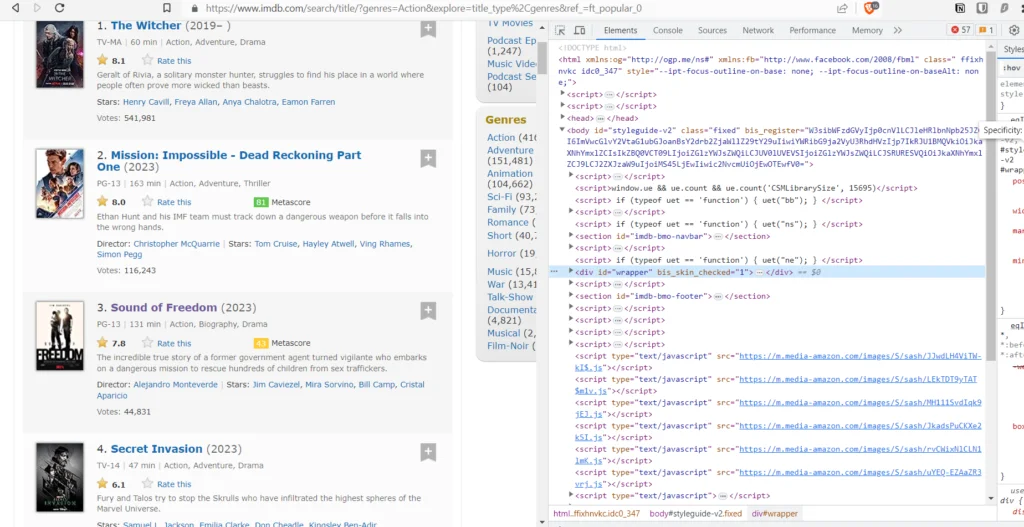 Browser inspect panel on IMDB listing