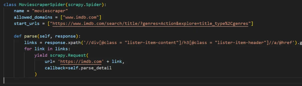 parse function code with link extraction and requests