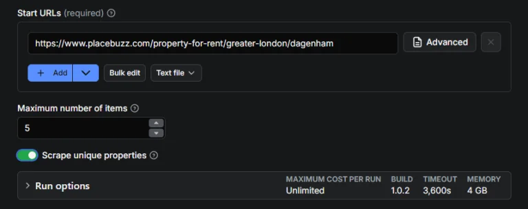 Placebuzz real estate scraper input section