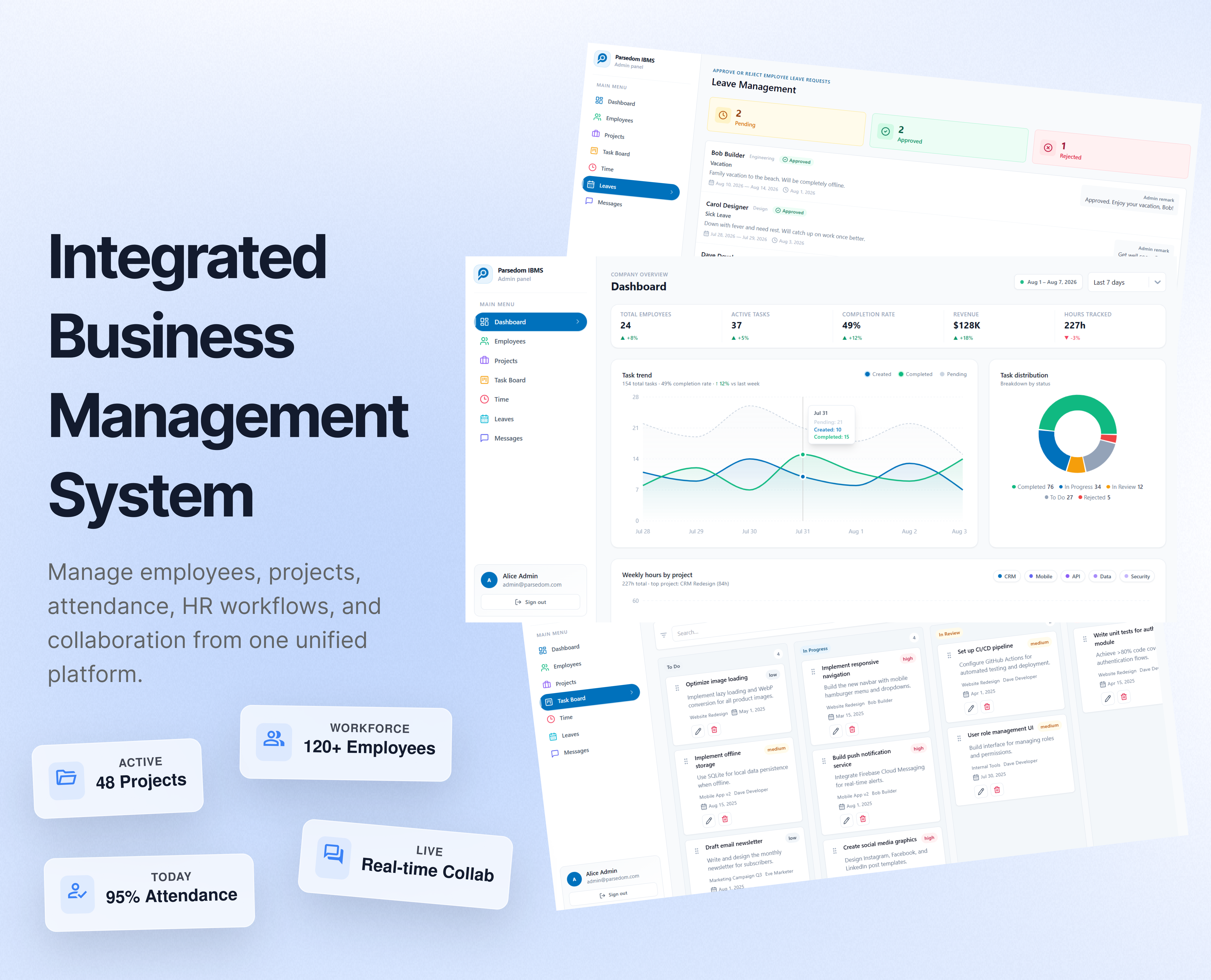 ParsedomStream admin dashboard showing team overview, tasks, and project boards